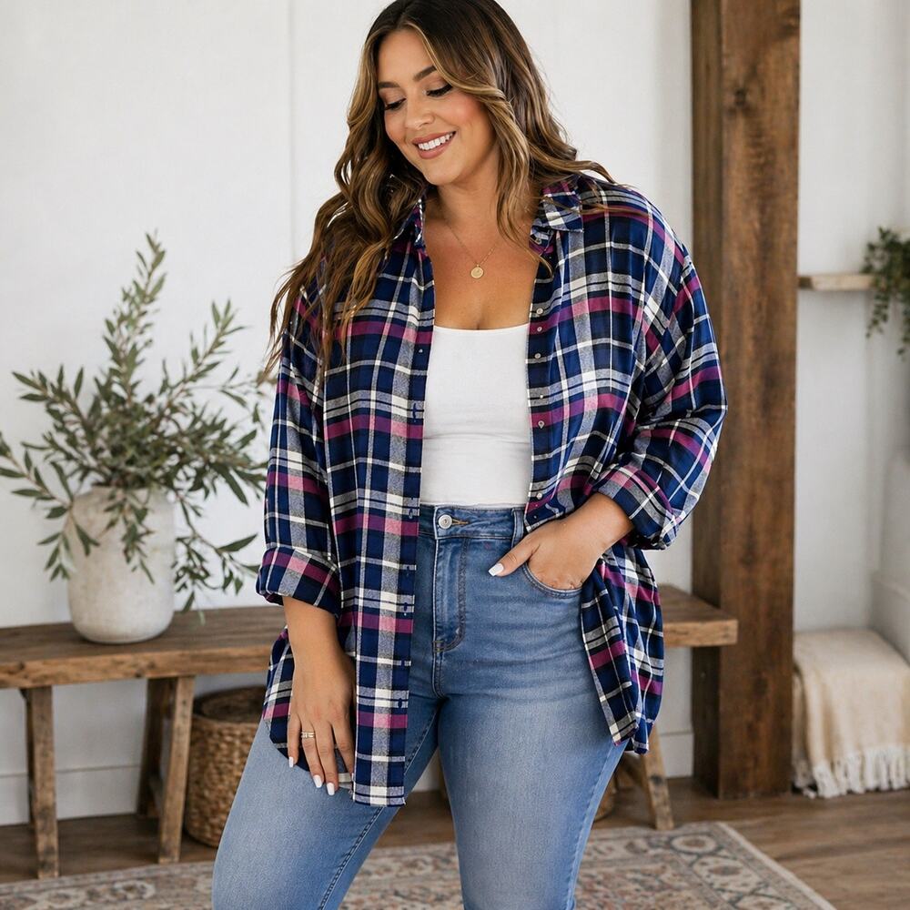 Women’s Soft Plaid Button Down Shirt Blue Pink Flannel Boyfriend Fit